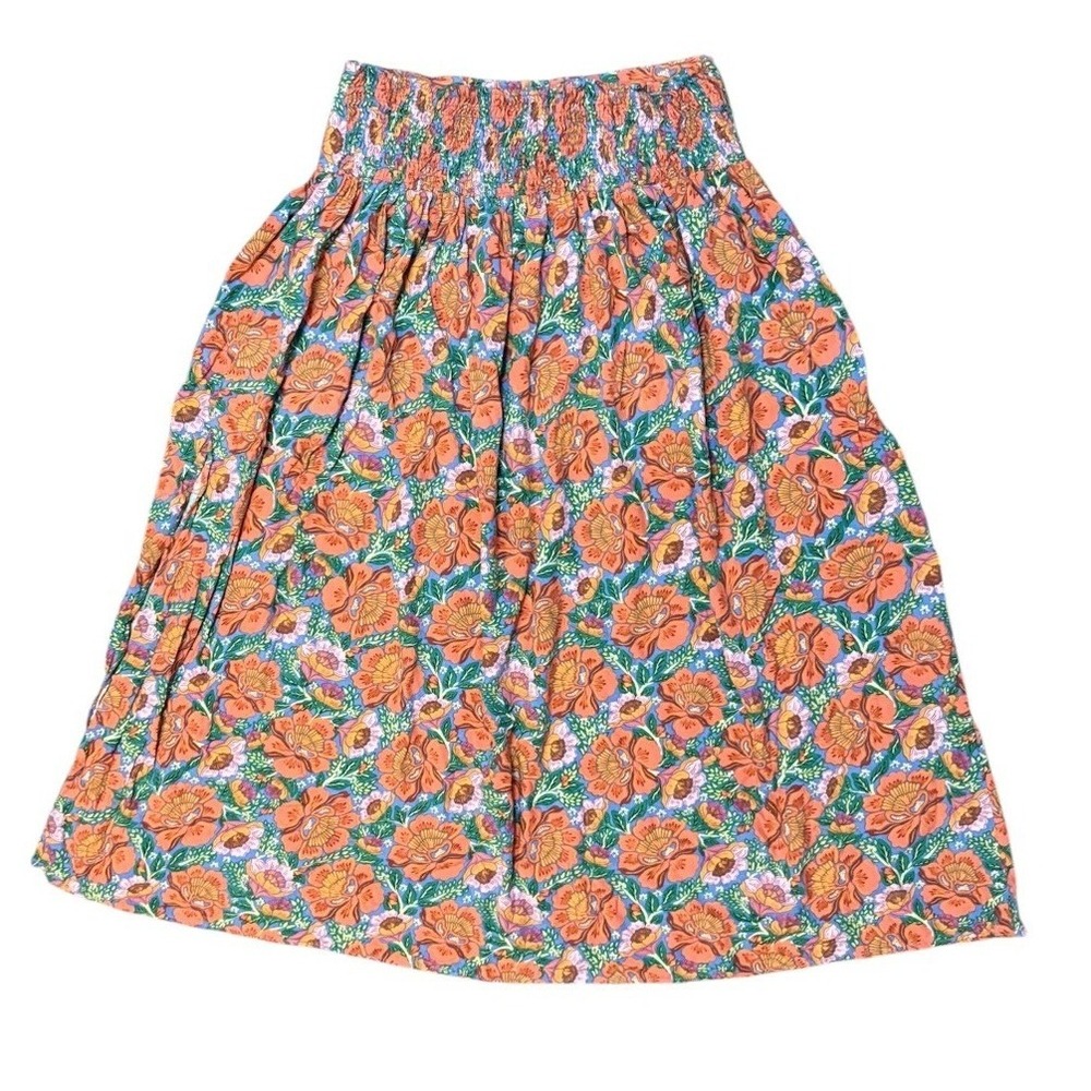 Natural Life Floral Midi Skirt M Blue Orange Smocked Waist Slit Boho Cottagecore - Picture 3 of 8